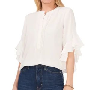 Vince Camuto Ruffle Sleeve Split Neck Blouse - White - L